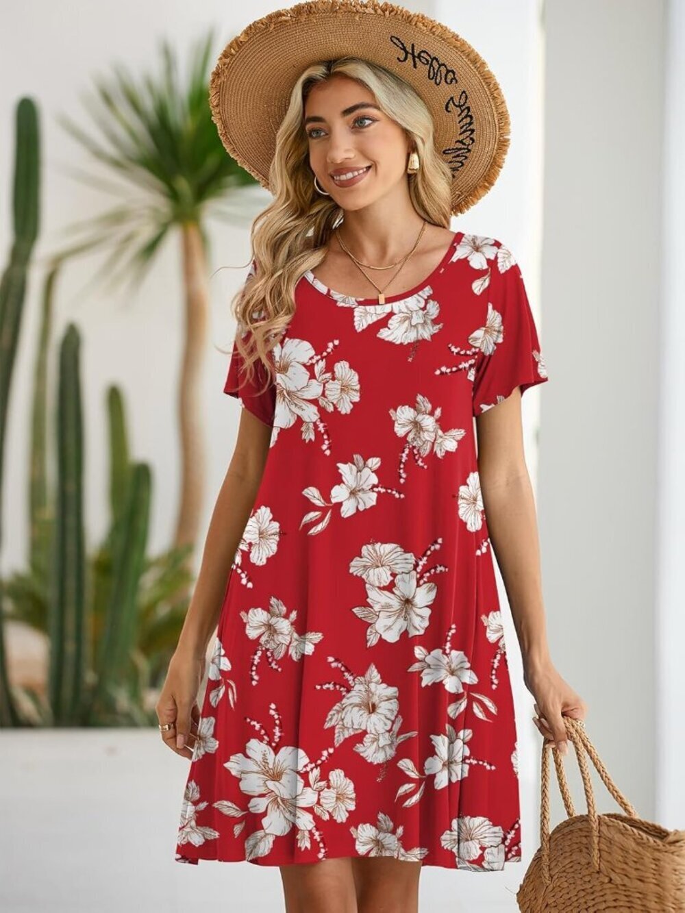Women's Floral Red Casual Loose Swing Tunic Short Sleeve Sun Mini Shirt Dress - Picture 5 of 6